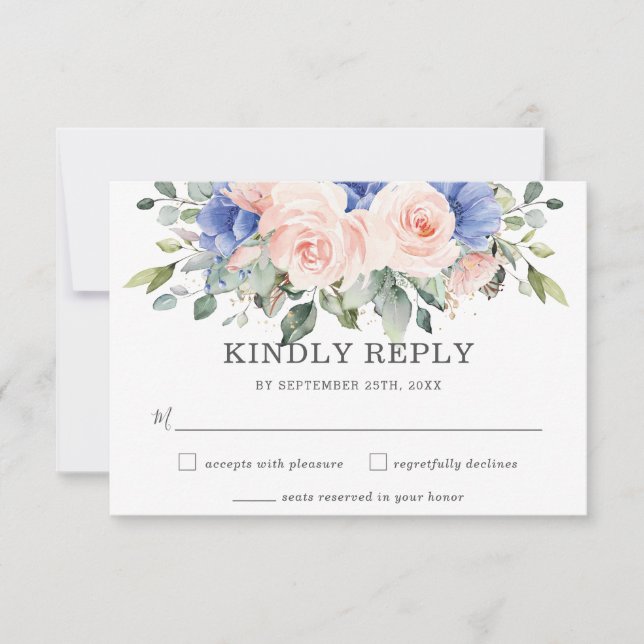Rustic Blush Blue Floral Roses Anemones Wedding RSVP Card (Front)