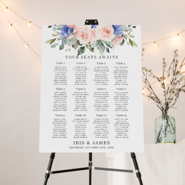 Rustic Blush Blue Floral Wedding Seating Chart Foam Board (In Situ (Stand))