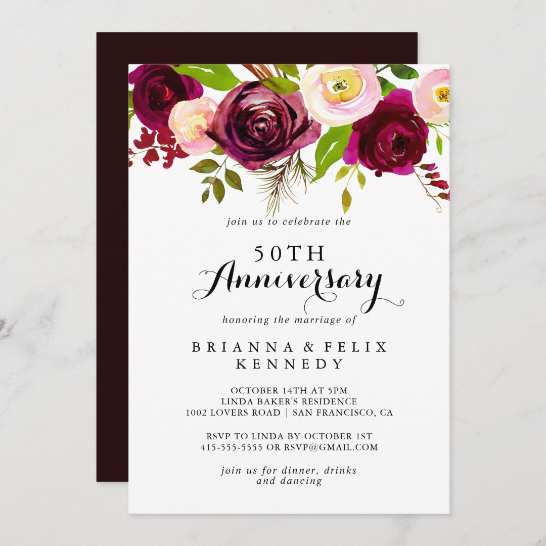 Rustic Blush Burgundy 50th Wedding Anniversary Invitation | Zazzle