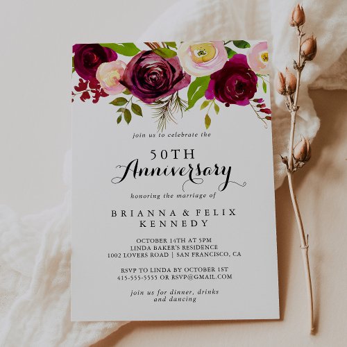 Rustic Blush Burgundy 50th Wedding Anniversary Invitation