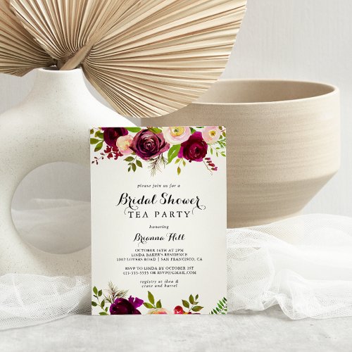 Rustic Blush Burgundy Bridal Shower Tea Party Invitation