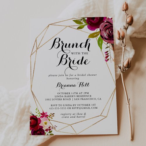 Rustic Blush Burgundy Brunch with the Bride Shower Invitation