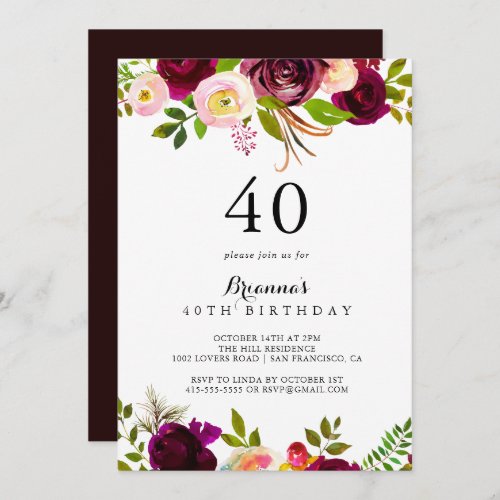 Rustic Blush Burgundy Floral 40th Birthday Party Invitation