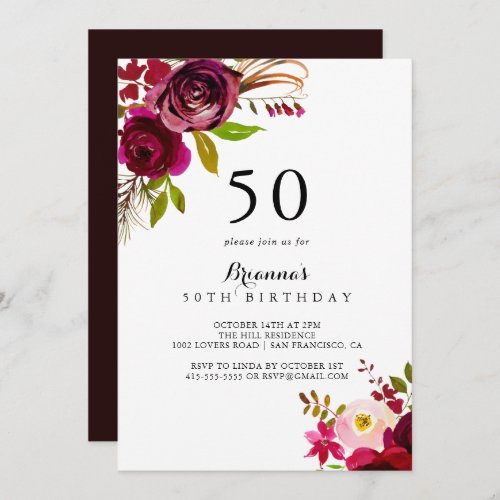 Rustic Blush Burgundy Floral 50th Birthday Party Invitation