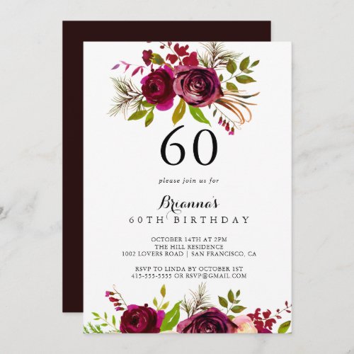 Rustic Blush Burgundy Floral 60th Birthday Party Invitation