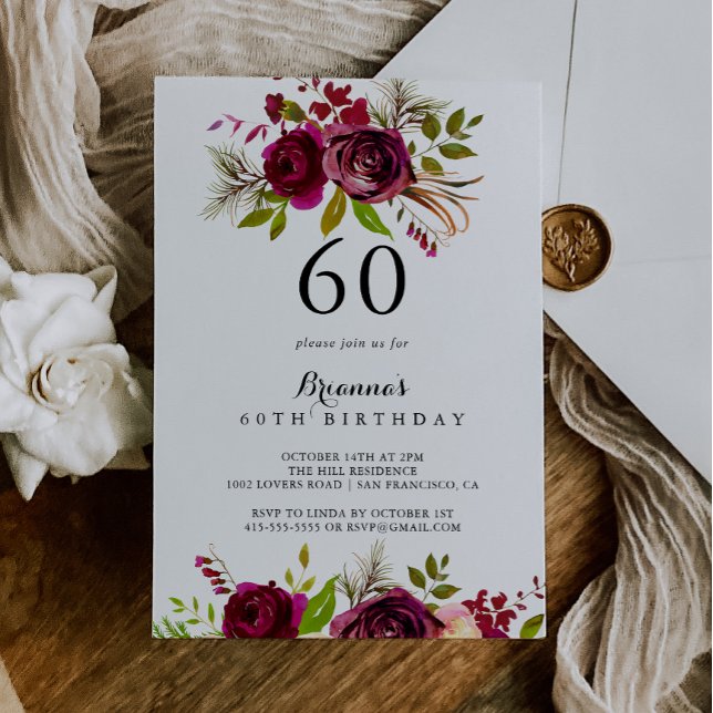 Rustic Blush Burgundy Floral 60th Birthday Party Invitation (Creator Uploaded)