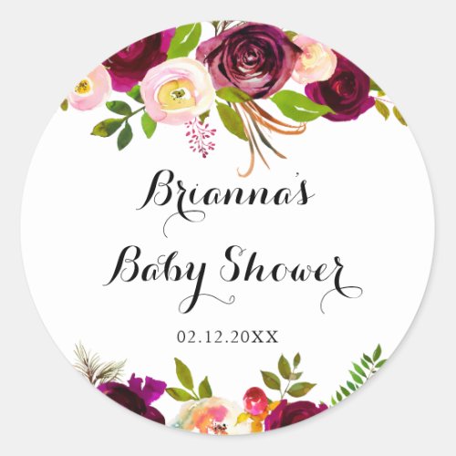 Rustic Blush Burgundy Floral Baby Shower Favor Classic Round Sticker