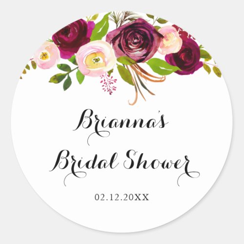 Rustic Blush Burgundy Floral Bridal Shower Favor Classic Round Sticker