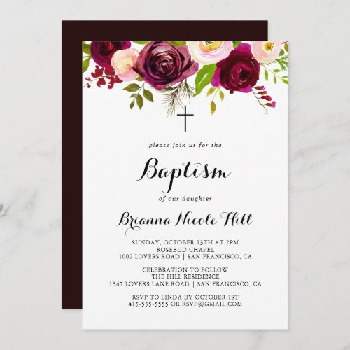 Rustic Blush Burgundy Floral Calligraphy Baptism Invitation