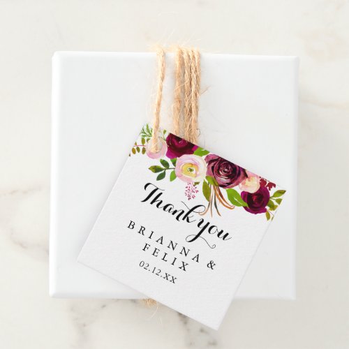 Rustic Blush Burgundy Floral Calligraphy Wedding Favor Tags