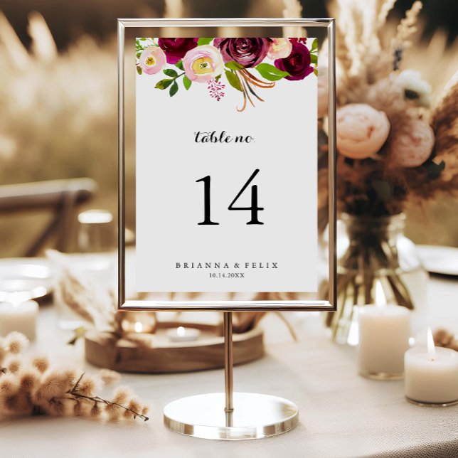 Rustic Blush Burgundy Floral Calligraphy Wedding Table Number (Creator Uploaded)