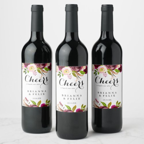 Rustic Blush Burgundy Floral Cheers Wedding Wine Label
