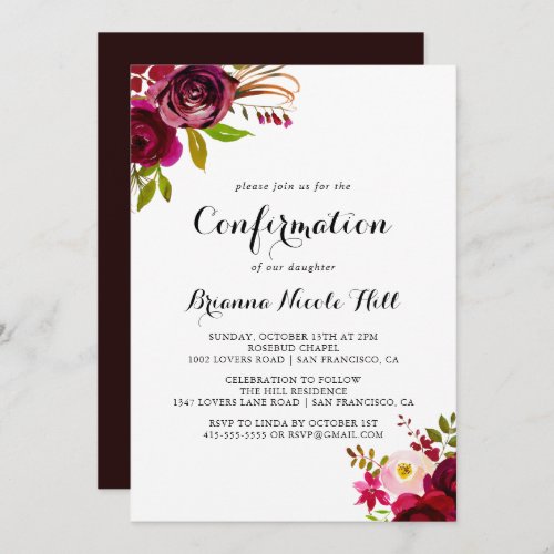 Rustic Blush Burgundy Floral Confirmation Invitation