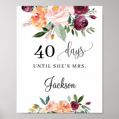 Rustic blush burgundy floral countdown sign