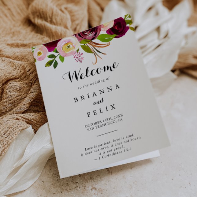 Rustic Blush Burgundy Floral Folded Wedding Program (Creator Uploaded)