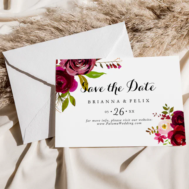 Rustic Blush Burgundy Floral Horizontal Wedding Save The Date | Zazzle
