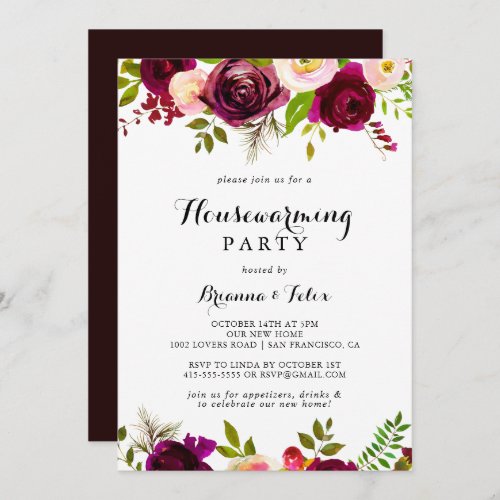 Rustic Blush Burgundy Floral Housewarming Party Invitation