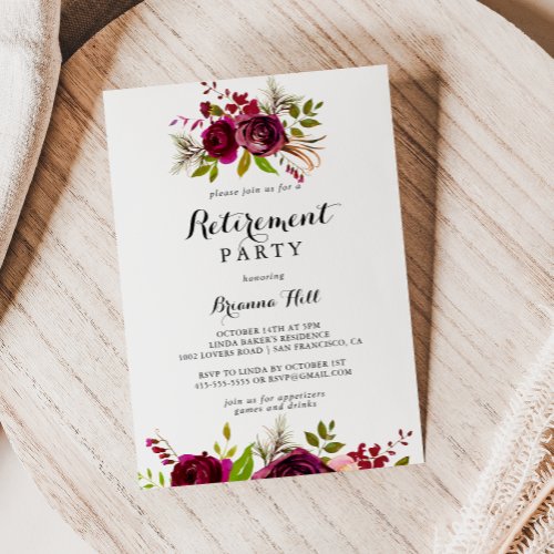 Rustic Blush Burgundy Floral Retirement Party
