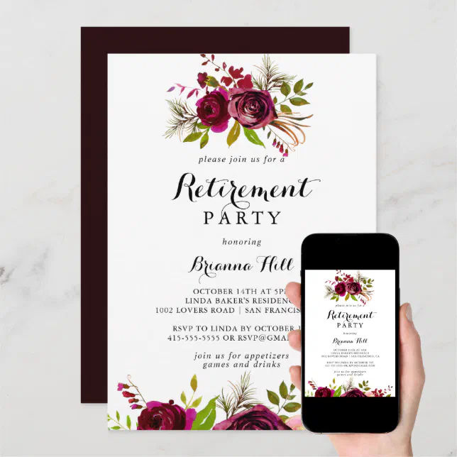 Rustic Blush Burgundy Floral Retirement Party Invitation | Zazzle