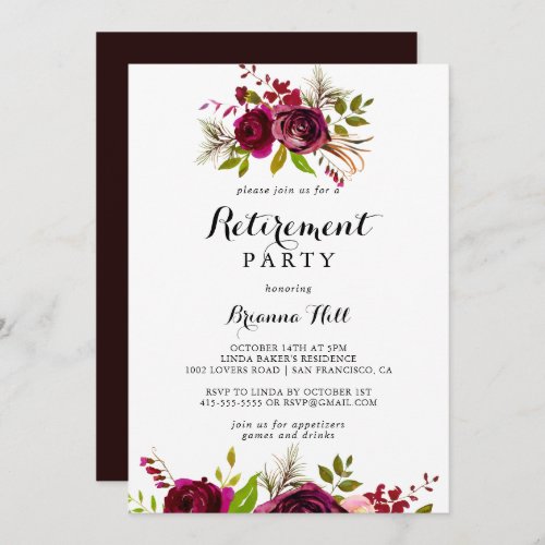 Rustic Blush Burgundy Floral Retirement Party Invitation