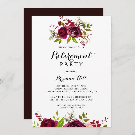 Rustic Blush Burgundy Floral Retirement Party Invitation | Zazzle.com