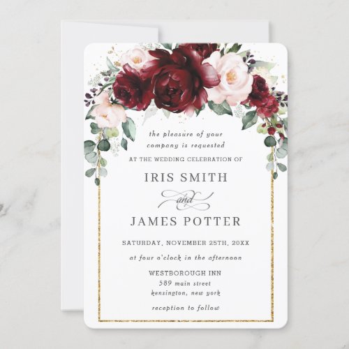 Rustic Blush Burgundy Floral Roses Arch Wedding  Invitation