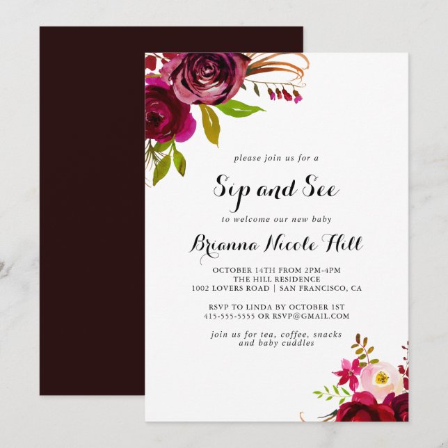 Rustic Blush Burgundy Floral Sip and See Invitation (Front/Back)