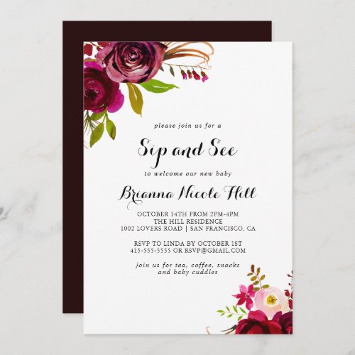 Rustic Blush Burgundy Floral Sip and See Invitation