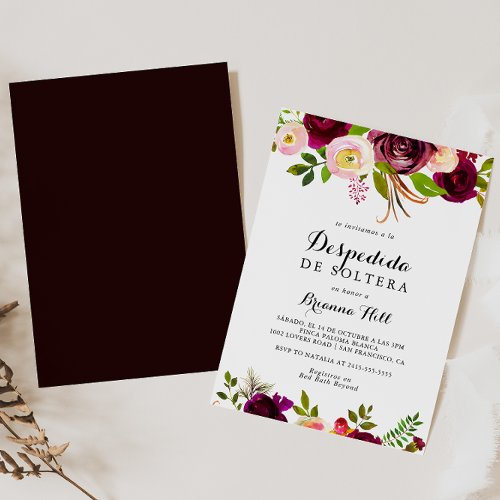 Rustic Blush Burgundy Floral Spanish Bridal Shower Invitation