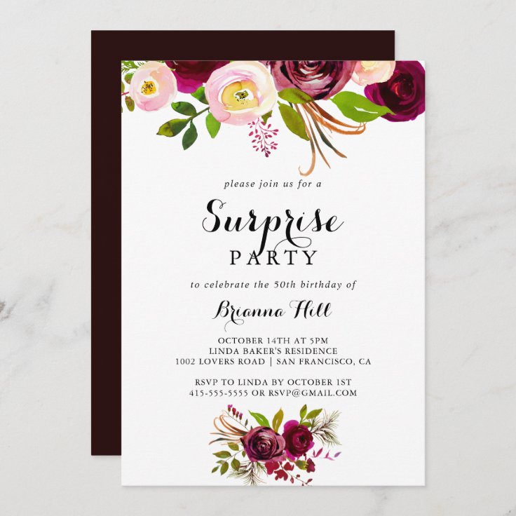 Rustic Blush Burgundy Floral Surprise Party Invitation | Zazzle