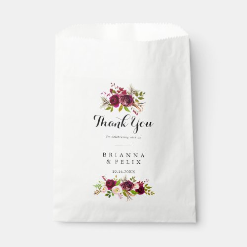 Rustic Blush Burgundy Floral Thank You Wedding Favor Bag