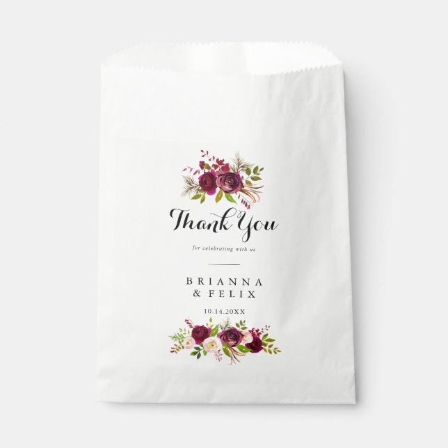 Rustic Blush Burgundy Floral Thank You Wedding Favor Bag (Front)