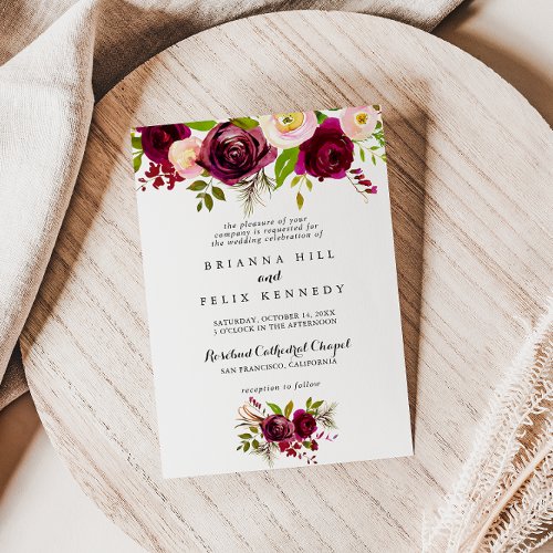 Rustic Blush Burgundy Floral Traditional Wedding Invitation