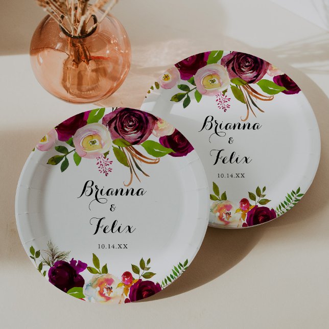 Rustic Blush Burgundy Floral Wedding Cake Paper Plates (Creator Uploaded)