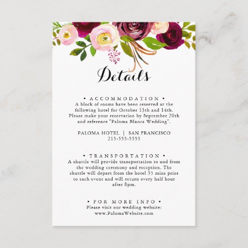 Rustic Blush Burgundy Floral Wedding Details Enclosure Card
