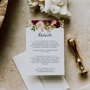 Rustic Blush Burgundy Floral Wedding Details Enclosure Card