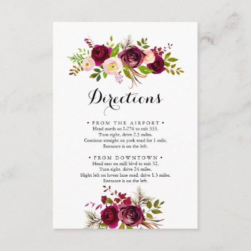 Rustic Blush Burgundy Floral Wedding Directions Enclosure Card