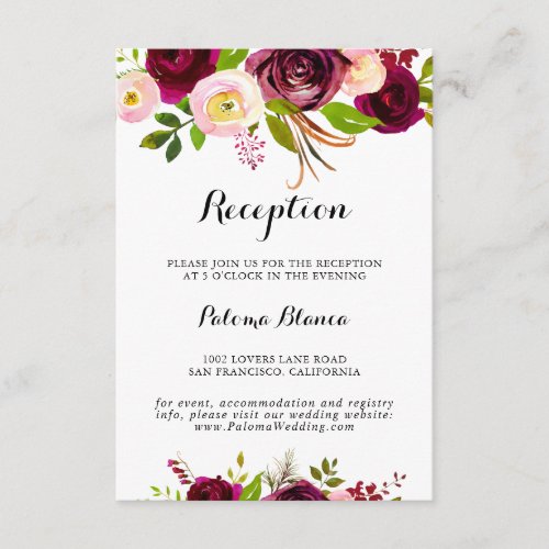 Rustic Blush Burgundy Floral Wedding Reception Enclosure Card