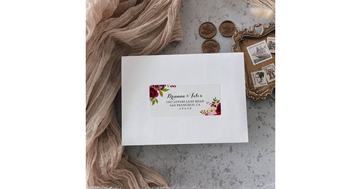 Rustic Blush Burgundy Floral Wedding RSVP Address Label | Zazzle