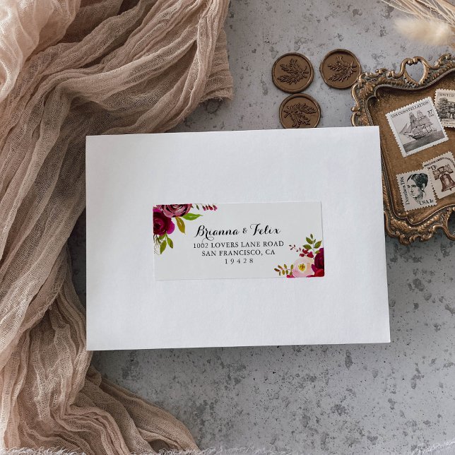 Rustic Blush Burgundy Floral Wedding RSVP Address Label (Creator Uploaded)