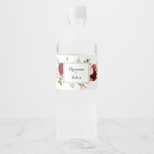 Rustic Blush Burgundy Floral Wedding Water Bottle Label