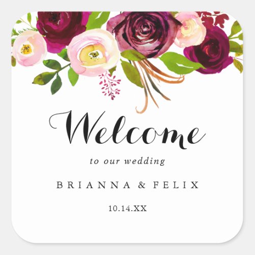 Rustic Blush Burgundy Floral Wedding Welcome Square Sticker