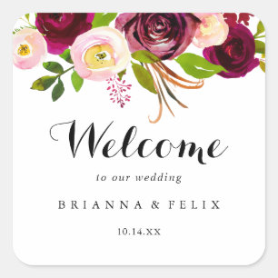 Rustic Blush Burgundy Floral Wedding Welcome Square Sticker