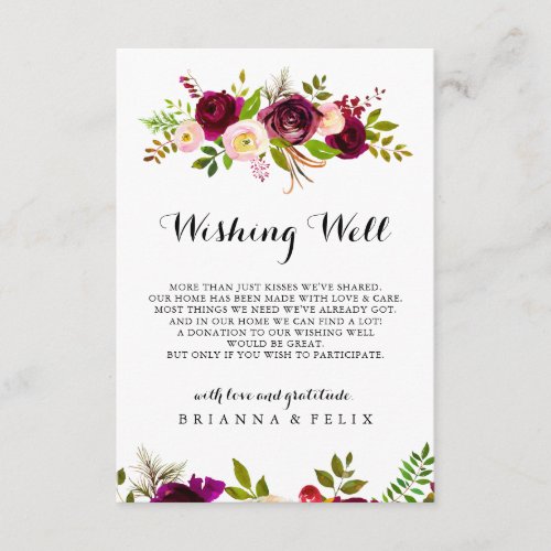 Rustic Blush Burgundy Floral Wedding Wishing Well Enclosure Card