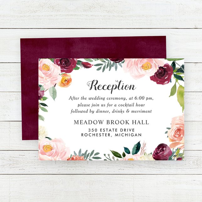 Rustic Blush Burgundy Floral Wreath Reception Enclosure Card (Creator Uploaded)
