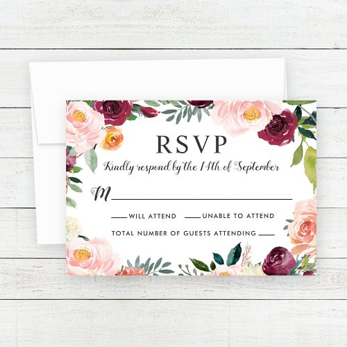 Rustic Blush Burgundy Floral Wreath Wedding RSVP Card