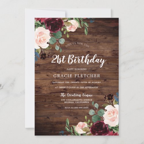 Rustic Blush  Burgundy Flowers 21st Birthday Invitation