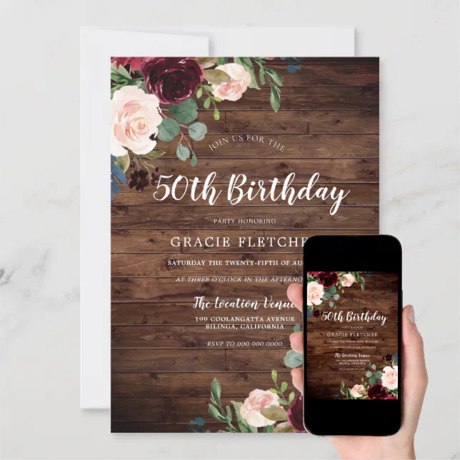 Rustic Blush & Burgundy Flowers 50th Birthday Invitation | Zazzle