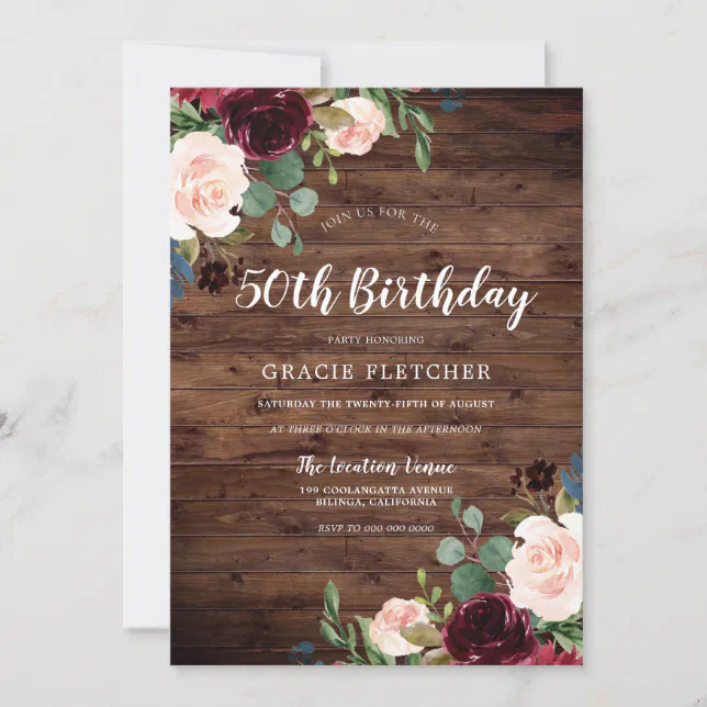 Rustic Blush & Burgundy Flowers 50th Birthday Invitation | Zazzle