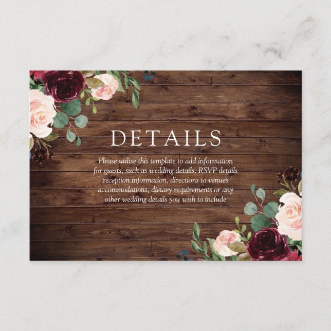 Rustic Blush & Burgundy Flowers All Season Wedding Enclosure Card (Front)